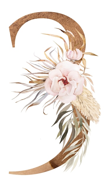 Acquerello numero 3 con fiori tropicali e di cotone foglie di palma essiccate e pampa erba bohémien numero tre illustrazione Elemento beige per la progettazione e la realizzazione di matrimoni