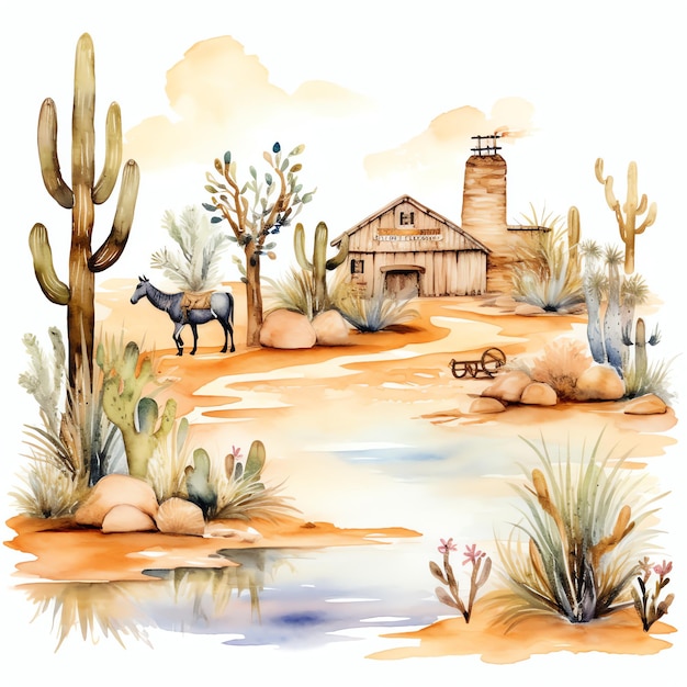 acquerello oasi del deserto western wild west cowboy illustrazione del deserto clipart