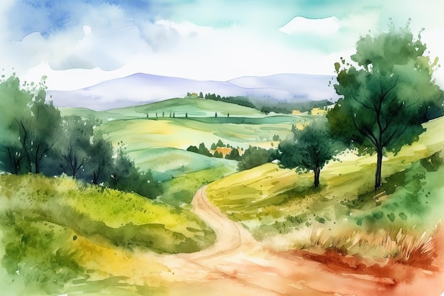 Acquerello paesaggio estivo illustrazione alberi montagne e prato