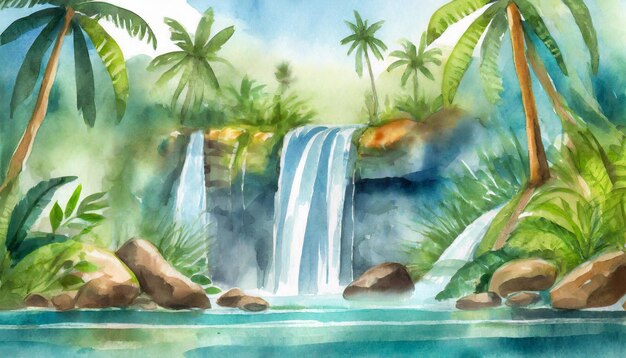 Acquerello pittura d'arte incantevole cascata in oasi tropicale pacificamente a mezzogiorno