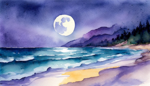 Acquerello Pittura d'arte spiaggia mistica illuminata dalla luna dolcemente a mezzanotte