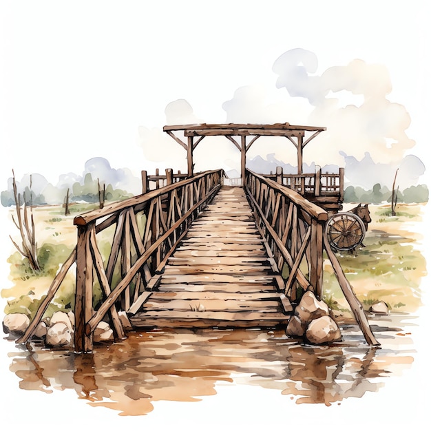 Acquerello Ponte di frontiera occidentale Wild West Cowboy Deserto Illustrazione Clipart