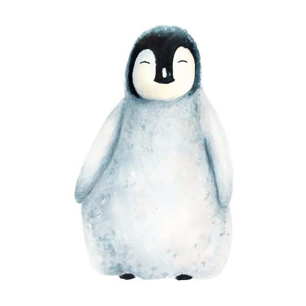 Acquerello re piccolo pinguino isolato su sfondo bianco Dipinto a mano realistico Artico e