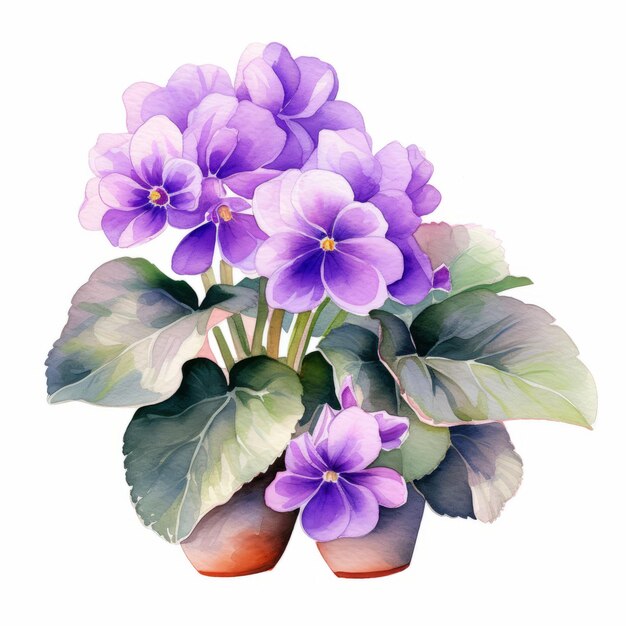 Acquerello realistico Fiore viola in vaso stampato su sfondo bianco