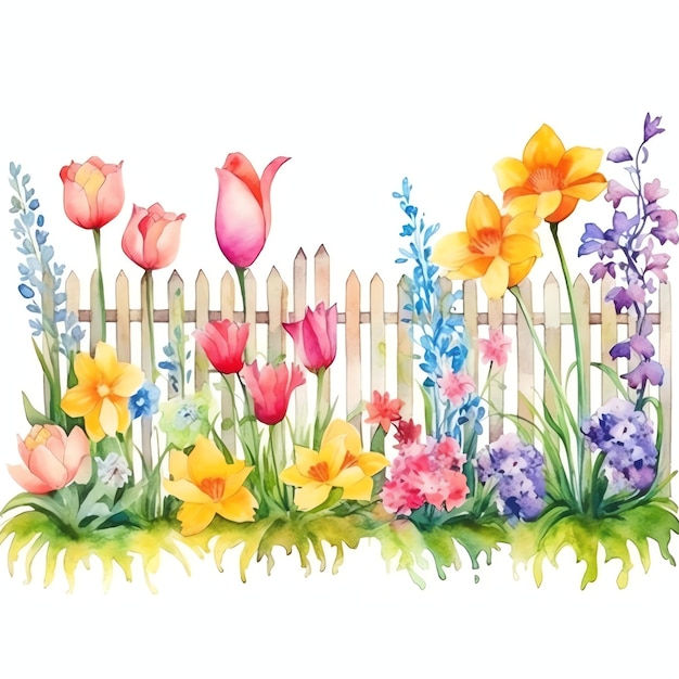 acquerello recinzione del giardino primaverile con fiori illustrazione clipart floreale primaverile