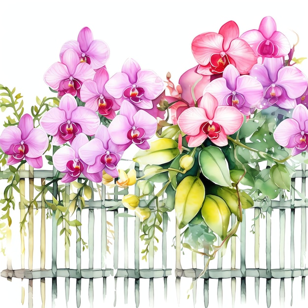 acquerello recinzione di giardino di orchidee con fiori illustrazione clipart floreale primaverile