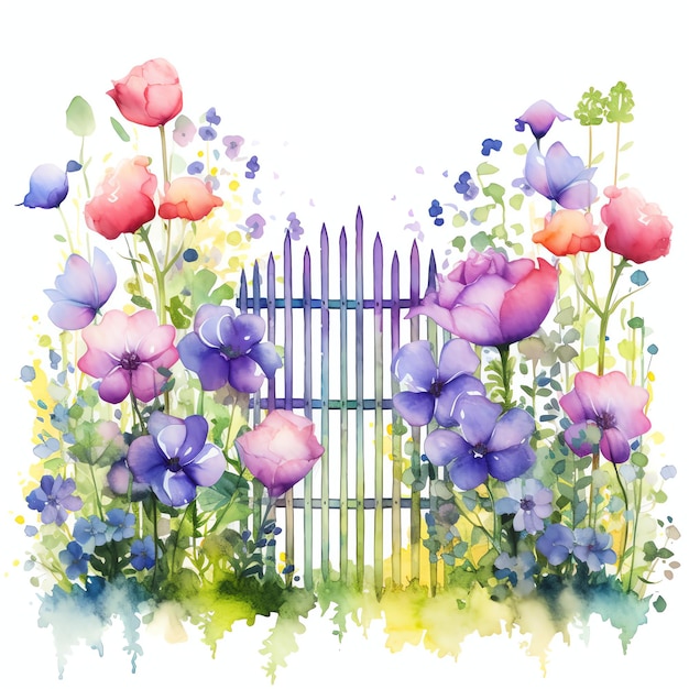 acquerello recinzione magica del giardino reale con fiori illustrazione clipart floreale primaverile