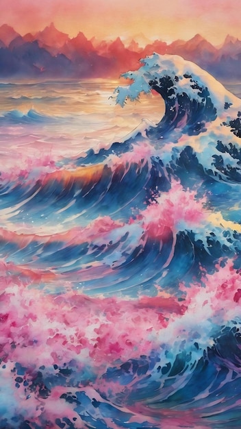Acquerello rosa e blu colorato dipinto grande onda paesaggio eclettico stampa d'arte su tela