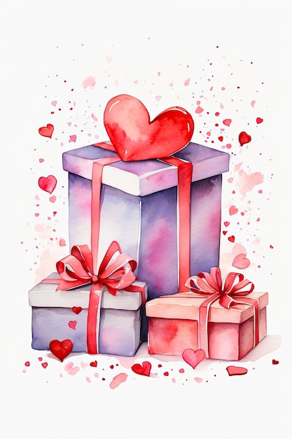 Acquerello scatola regalo di San Valentino e cuori su sfondo bianco Carta di auguri d'amore data invito matrimonio sfondo romantico generato da AI