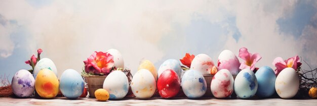 Acquerello Scena di Pasqua su sfondo chiaro con spazio di copia uova decorate colori fluenti morbidi