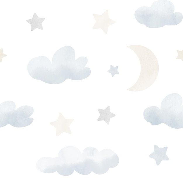 Acquerello senza cuciture Baby Pattern con nuvole Stelle e falce di luna Kid sfondo in pastello carino