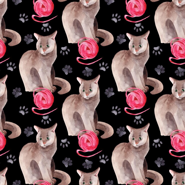 Foto acquerello senza cuciture modello grigio gatto soffice con una palla rosa tracce di gatto zampe tutti gli oggetti sono