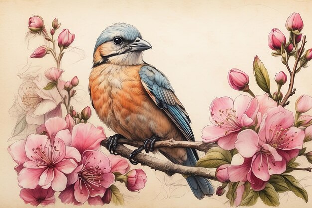 Acquerello Serenata primaverile uccello sul ramo di fiori