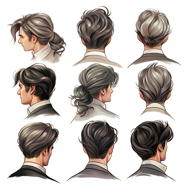 Acquerello Set di Regency Side Combed Hairstyle Combed Hair Type Charcoal Grey Clipart 2D Flat
