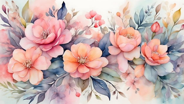 Acquerello sfondo floreale pennellate delicate colori vivaci dolci e sognanti na botanica