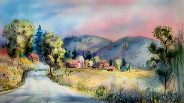 Acquerello sullo sfondo del paesaggio rurale