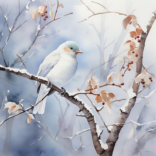 Acquerello_the_White_Bird_Perched_on_a_Tree_Branch_in_the_Cold_Weather_cute_handdrawn_