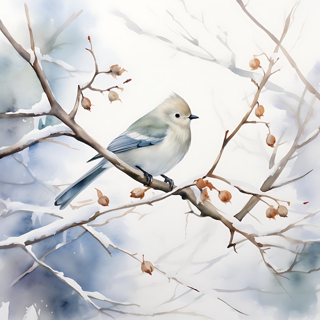 Acquerello_the_White_Bird_Perched_on_a_Tree_Branch_in_the_Cold_Weather_cute_handdrawn_