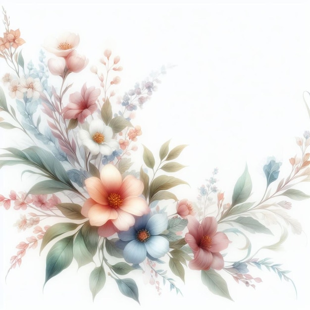 acquerello Toni morbidi e pastelli Fiori foglie e piante botaniche confine illustrat