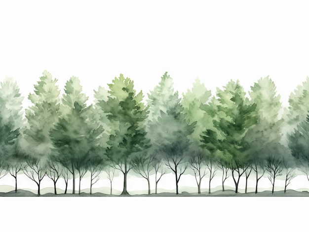 Acquerello Tree Line Hackberry in verde scuro e grigio chiaro su sfondo bianco Generative AI