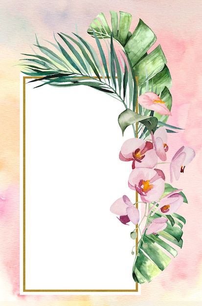 Acquerello tropicale foglie e fiori cornice illustrazione con sfondo ad acquerello