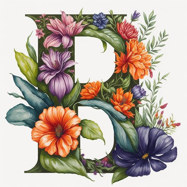Acquerello un alfabeto B con fiore