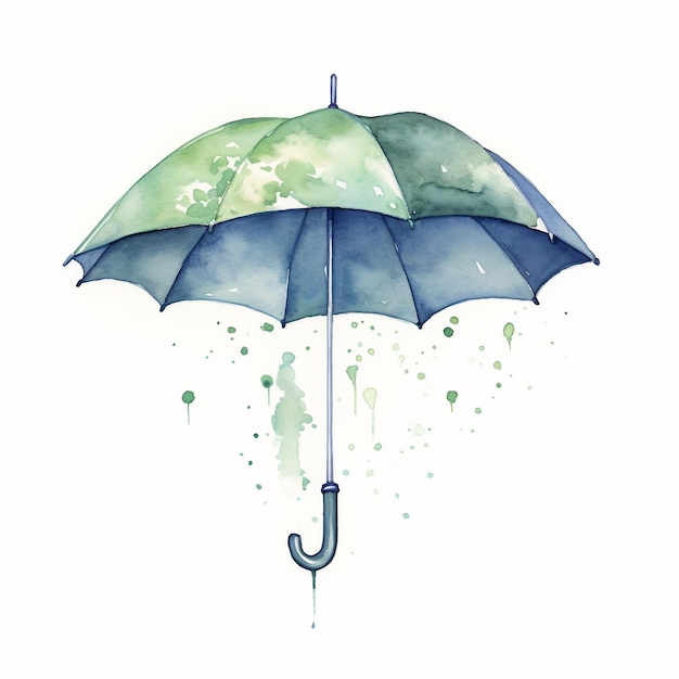 Acquerello una pioggia primaverile con un ombrello sfondo bianco AI generare illustrazione