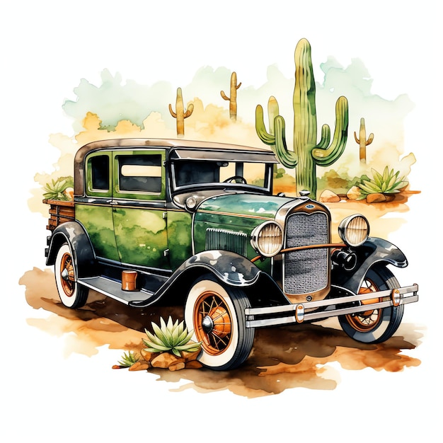 Acquerello vecchia auto western wild west cowboy illustrazione del deserto clipart