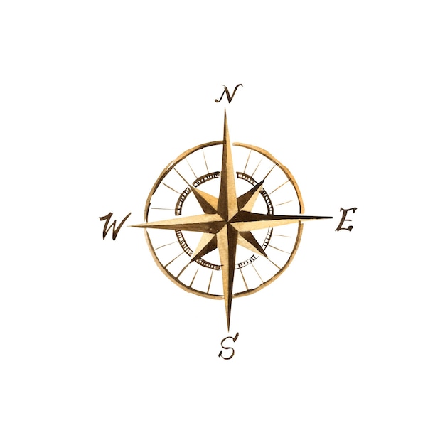 acquerello vento rosa navigazione bussola rosa con direzione cardinale vintage marrone simbolo navale capitano marinaio e viaggiatori strumento isolato su sfondo bianco per illustrazioni di avventure