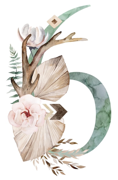 Acquerello verde numero 6 con foglie secche di antlers e bouquet di fiori tropicali Illustrazione di Boho