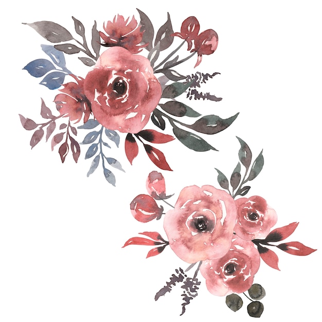 Acquerello Vintage sporco rosa peonia clip art set. Bouquet di fiori di corallo. Illustrazione della composizione floreale dell'acquerello. Arrangiamenti di vegetazione grigia.