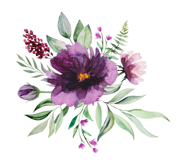 Acquerello viola e rosa fiori selvatici e foglie verdi bouquet Illustrazioni