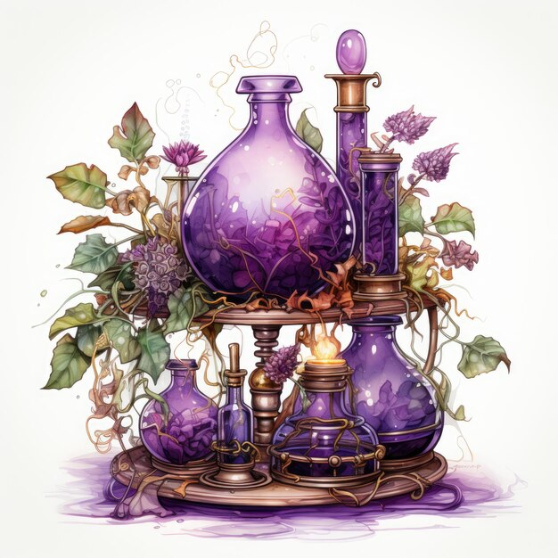 acquerello viola Steampunk Potions clippart Generative Ai