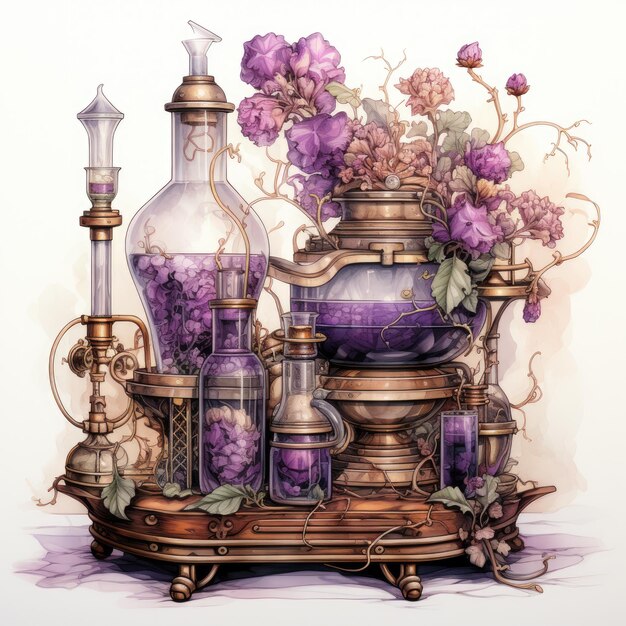 acquerello viola Steampunk Potions clippart Generative Ai