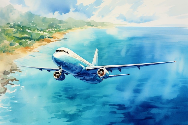 acquerello vista aerea di un aereo che vola sopra il mare