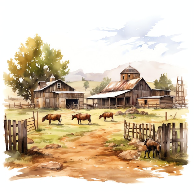 acquerello West Farm West Wild West Cowboy Deserto Illustrazione Clipart