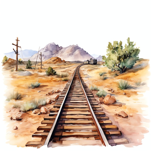 acquerello Western ferrovia binari western wild west cowboy deserto illustrazione clipart