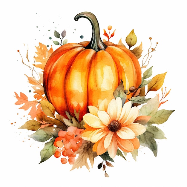 Acquerello zucca con fiori Clipart