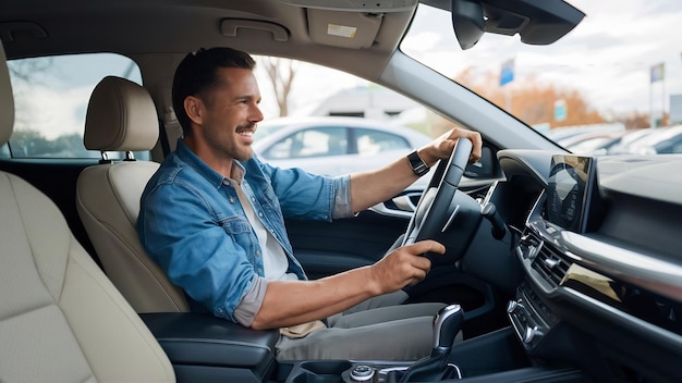 Acquirente di auto che ama l'interno di un nuovo veicolo presso un concessionario automobilistico