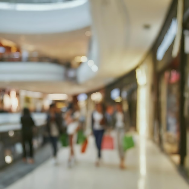 acquirenti sfocati con borse della spesa in un moderno centro commerciale