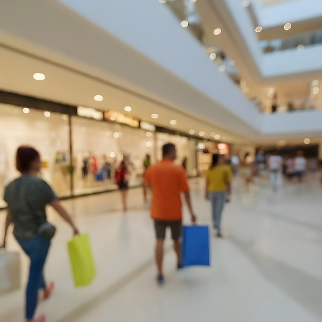 acquirenti sfocati con borse della spesa in un moderno centro commerciale