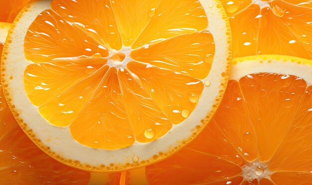 Acquisizione macro di una succosa fetta d'arancia con gocce d'acqua scintillanti Colori vivaci e texture dettagliate Ideale per pubblicità di alimenti e bevande Creato con strumenti di intelligenza artificiale generativa