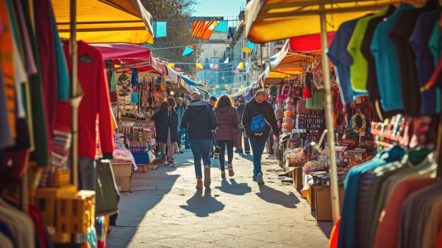 Acquisti che passeggiano in un mercato all'aperto splendente