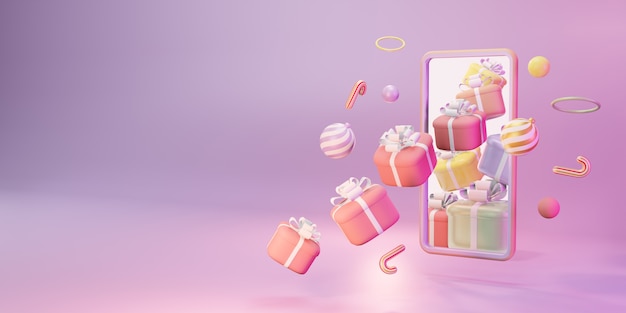 Acquisti online con smartphone. Marketing e marketing digitale, confezione regalo di Natale, palline, pubblicità sociale, illustrazione 3d