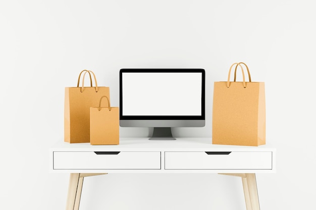 Acquisti online da borse per computer con acquisti sul tavolo vicino al rendering 3d dello schermo simulato
