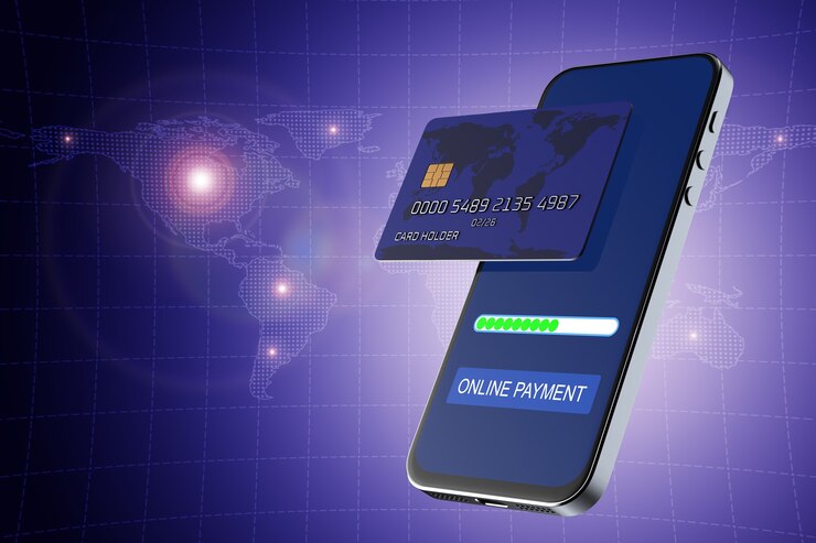 Acquisti online nei negozi da uno smartphone. Pagamento senza contatto. Paga con il tuo smartphone. E-commerce, e-commerce, concetti di pagamento mobile. Elementi grafici moderni. Rendering 3D.