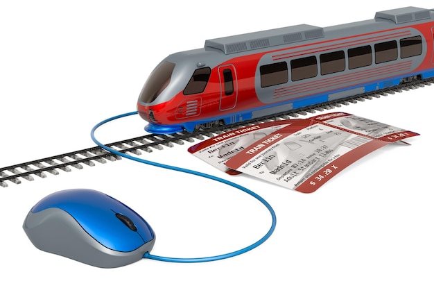 Acquisto di biglietti del treno concetto online rendering 3D