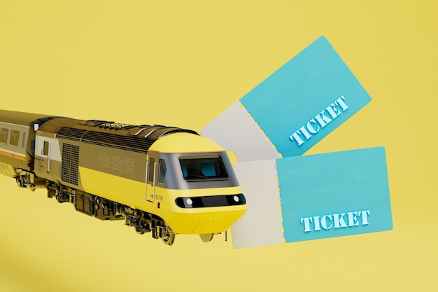 Acquisto di biglietti del treno e biglietti del treno su un rendering 3D di sfondo giallo
