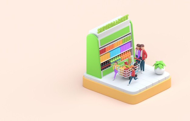 Acquisto di famiglia al supermercato 3D Illustration