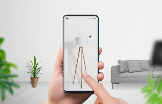 Acquisto di mobili con il concetto di app di realtà aumentata La donna installa una lampada nel suo soggiorno con uno smartphone